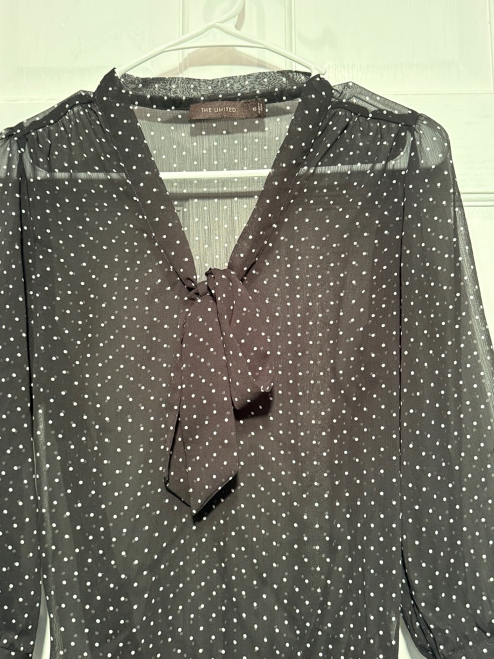 The Limited XS Sheer Polka Dot Blouse Tie Neck Chic Office Top - Picture 4 of 14